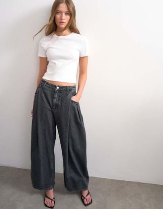 Topshop Cocoon Barrel - Jeans a vita media nero slavato