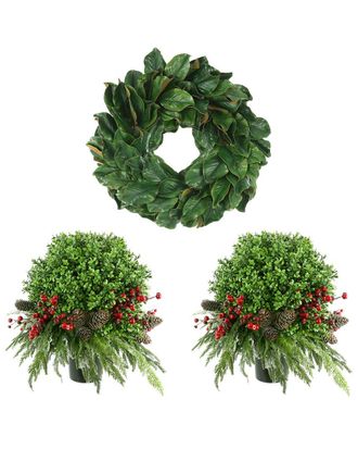 Creative Displays Inc. 24In Traditional Christmas Holiday Magnolia Wreath With 2 Uv-Rated Boxwood Drop-Ins