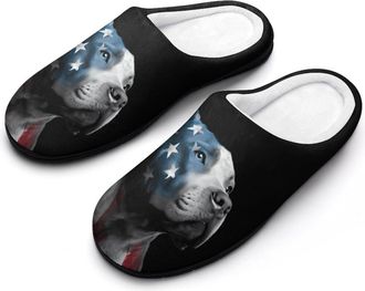 Generic Pitbull1 Dog in U.S. Flag Funny Mens Cotton Slippers Soft Non-Slip Rubber Sole House Slipper Indoor Outdoor
