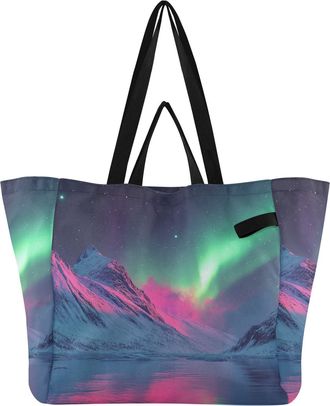 Generic Mountain Lake Blue print Reusable Canvas Tote Bag, Heavy Duty Grocery Shopping Bag with Large Capacity Double Handles Hard Bottom Work Groceries Trave