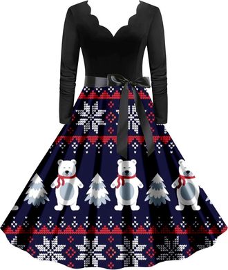 Generic Womens Christmas Fancy Dress Outfits 1950s Audrey Hepburn Style Moose Long Sleeve V Neck Casual Swing Cocktail Party Gingerbread Flowy A-Line A Line P