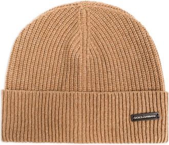Dolce & Gabbana logo-patch ribbed beanie - men - Nylon/Wool - One Size - Neutrals