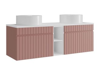 Vente-Unique Mueble de ba&ntilde;o suspendido estriado con huecos y doble lavabo sobre encimera redondo - Rosa - An. 140 cm - SATARA
