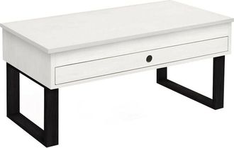 HOGAR 24 Vanir - Mesa de Centro Elevable Cajón Deslizante, Diseño Industrial-Vintage, Madera Maciza, Acabado Blanco Patas Color Negro. Medidas: 100x50x47 cm