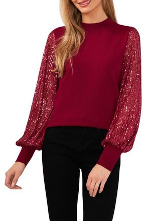 CeCe by Cynthia Steffe Sequin Sleeve Mock Neck Sweater in Deep Merlot at Nordstrom, Size Xx-Large
