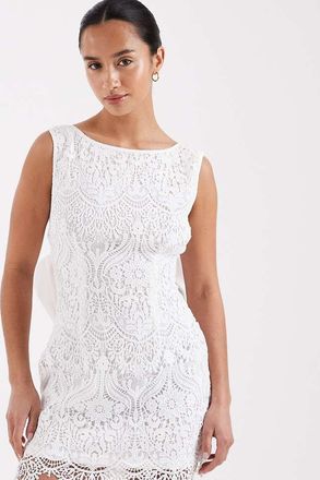 Tfnc Petite Vestito corto da sposa in pizzo color avorio con fiocco sul retro e scollo a barchetta-Bianco