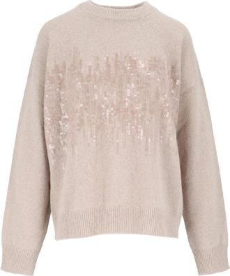 PESERICO Trui met Ronde Hals en Pailletten - Dames - Ronde hals truien - Beige - M - Pailletten - Truien & Vesten