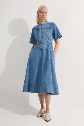 Karen Millen Womens Petite Denim Soft Wash Short Sleeve Belted Midi Dress - Blue Cotton - Size 10 UK