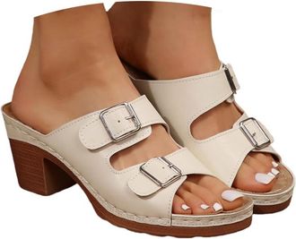 Generic Chunky Sandals for Women White Heels Block Heel Sandals for Women Chunky Block Mid Heels Flip Flop Slip on Square Toe Comfortable Heeled Dress Bridal 