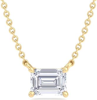SuperJeweler Emerald Cut Lab Grown Diamond Pendant Necklace in 14K White or Yellow Gold - 1/4 to 7 Carat Total Weight - Classic Solitaire Setting for Women