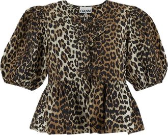 Ganni Blouses, female, Multicolor, 2XS, Leopard-Print Georgette Wrap Dress