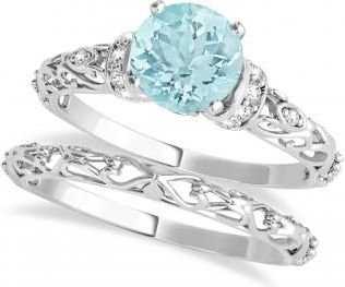 Allurez Aquamarine & Diamond Antique Style Bridal Set Platinum (1.62ct)
