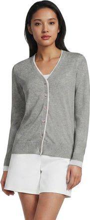 Lands End Double Trim Cotton V Neck Cardigan Sweater in Gray Heather/white at Nordstrom, Size X-Small