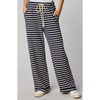 Splendid Livie Stripe Tie Waist Wide Leg Terry Pants in Navy Blue/Moonstone at Nordstrom Rack, Size Medium