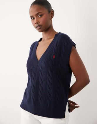 Polo Ralph Lauren Maglione senza maniche in cotone lavorato a trecce blu navy