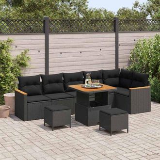vidaXL Vidaxl - Conjunto De Sof&aacute; De Jard&iacute;n Con Coj&iacute;n 9 Pcs Negro Polirat&aacute;n