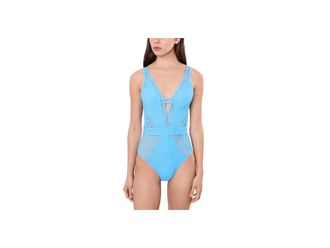 BECCA by Rebecca Virtue Castaway Textured Plunge One-Piece Womens Swimsuits One Piece Sky Blue : MD, Nylon/Spandex