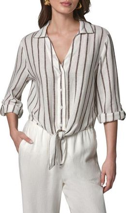 DKNY Yarn Dye Stripe Crop Linen Blend Button-Up Shirt in Cream/Cany at Nordstrom, Size X-Large