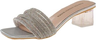 Generic Womens Summer Fashion Clear Block Heels Sandals Open Toe Slides Casual Wedding Party Dress Shoes (7.5,Silver)