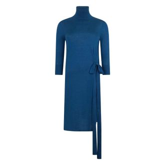 Malo Truien & Vesten, Dames, Blauw, XS, Elegante Midi Jurk met Originele Drapering