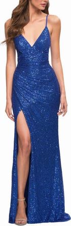 La Femme Sequin Long Prom Dress with Wrap Style Front in Royal Blue at Nordstrom, Size 10