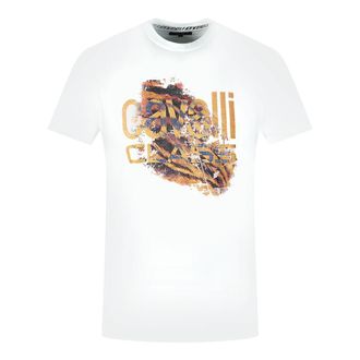 Cavalli Slashed Tiger Print Bold Logo White T-Shirt