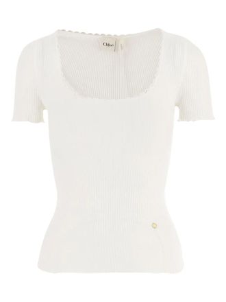 Chloé scoop-neck lace-trimmed T-shirt - women - Cotton - M/L - White