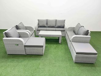 Fimous PE Rattan Garden Furniture Set Adjustable Chair Sofa Double Love Seat 2 Seater Sofa Lounge Set Rectangular Coffee Table 2 Big Footstool Light