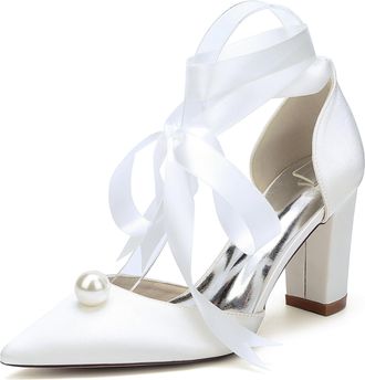 Generic Womens Pointed Toe Block Heel Pearl Wedding Shoes Bridal Chunky Heeled Prom Party Dress Shoes Pumps 8.5Cm,Ivory,10 UK