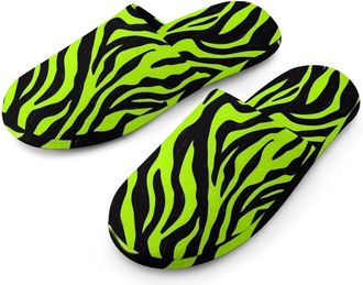 Generic Neon Green Zebra Pattern Mens Slippers Flannel Warm House Shoes with Rubber Anti-Slip Sole Slip On for Home Outdoor