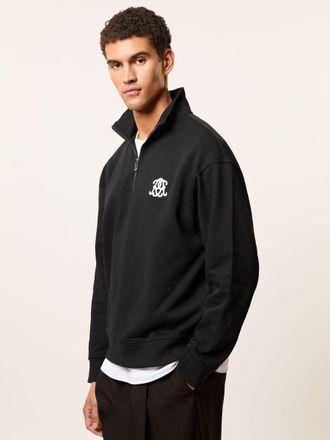 Reiss Black Monogram Half-zip Relaxed Sweatshirt, XS
