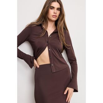 Good American Womens Matte Jersey long Sleeve Shirt Top | Bark, Size Medium | Good American by Khlo&Egrave; Kardashian