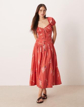 Free People Coplete Me - Vestito midi color corallo con bottoni-Rosso