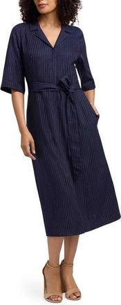 Foxcroft Aniston Stripe Linen Blend Shirtdress in Navy Blue/White at Nordstrom, Size X-Large