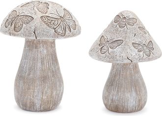 Melrose International Bumble Bee and Butterfly Print Mushroom (Set of 2) - Grey, Beige