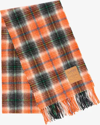 Ganni Orange Scarf in Check Wool