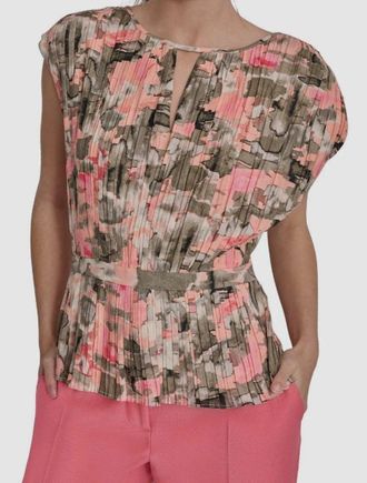 DKNY Top Womens Pink Pleated Cinched Waist Keyhole Neck Sleeveless FTS19