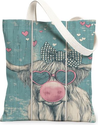 Generic Heart Pattern Canvas Tote Bags, Playful Animal Design Reusable Grocery Bags, Vintage Rustic Lightweight Washable Shoulder S, Blue, 13x15 Inch