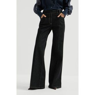 Brunello Cucinelli Comfort no-fade denim flared trousers with monili in Black at Nordstrom, Size 36