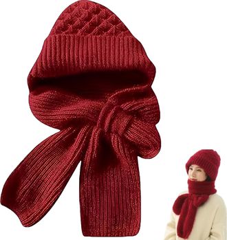 Generic Winter Versatile Knitted Hooded Scarf for Women, Warm Windproof Cap Scarf, Soft Knit Hooded Scarf for Cold Weather (Red)