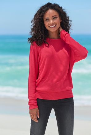 Vivance Langarmshirt VIVANCE mit breitem Bund, Damen, Gr. 32/34, rot (korallenrot), Feinstrick, Obermaterial: 55% Polyester (REPREVE), 43% Viskose, 2% Elastha