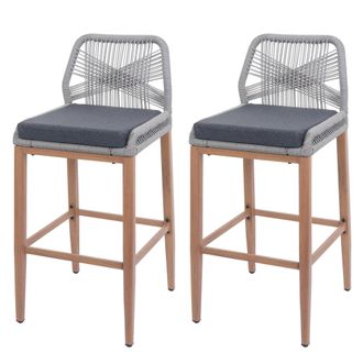 Hhg Hhg - Juego De 2 Taburetes De Bar De Cuerda 982, Coj&iacute;n De Asiento Para Exterior De Cuerda De Metal Imitaci&oacute;n Madera, Gris Claro, Coj&iacute;n Gris Oscuro