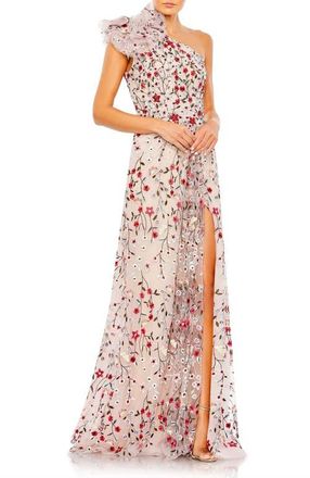 Mac Duggal Embellished Ruffled One Shoulder A Line Gown in Rose Multi at Nordstrom, Size 16