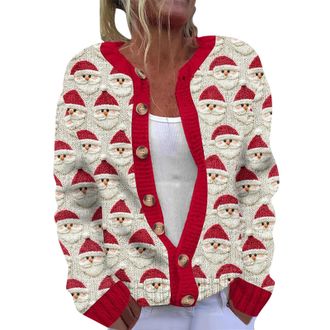 Generic Ugly Christmas Sweater Cardigans for Women UK 2024 Novelty Funny Xmas Jumpers Long Sleeve Button Up Cardigans Ladies Chunky Knitted Jumper Christmas T