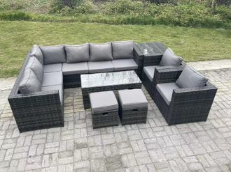Fimous 10 Seater Rattan Corner Sofa Lounge Sofa Set With Rectangular Coffee Table Side Table 2 Arm in Dark Grey