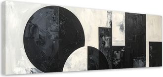 Feeby Cuadro Sobre Lienzo, Composici&oacute;n Abstracta C&iacute;rculos Formas Negro Blanco, 120x40