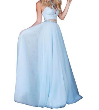 Sherri Hill Two-Piece Beaded Keyhole Prom Dress In Light Blue