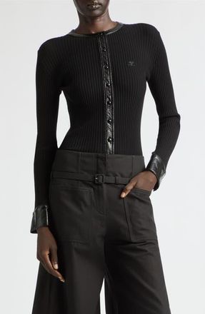Courr&egrave;ges Vinyl Trim Ribbed Cardigan in Black at Nordstrom, Size Medium