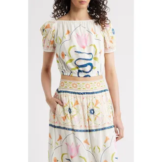 Cleobella Emma Puff Sleeve Crop Cotton Blend Top in Montecito Print at Nordstrom, Size X-Large