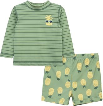Little Me Pineapple Long Sleeve UPF 50+ Two-Piece Rashguard Swimsuit in Green at Nordstrom, Size 6-9M